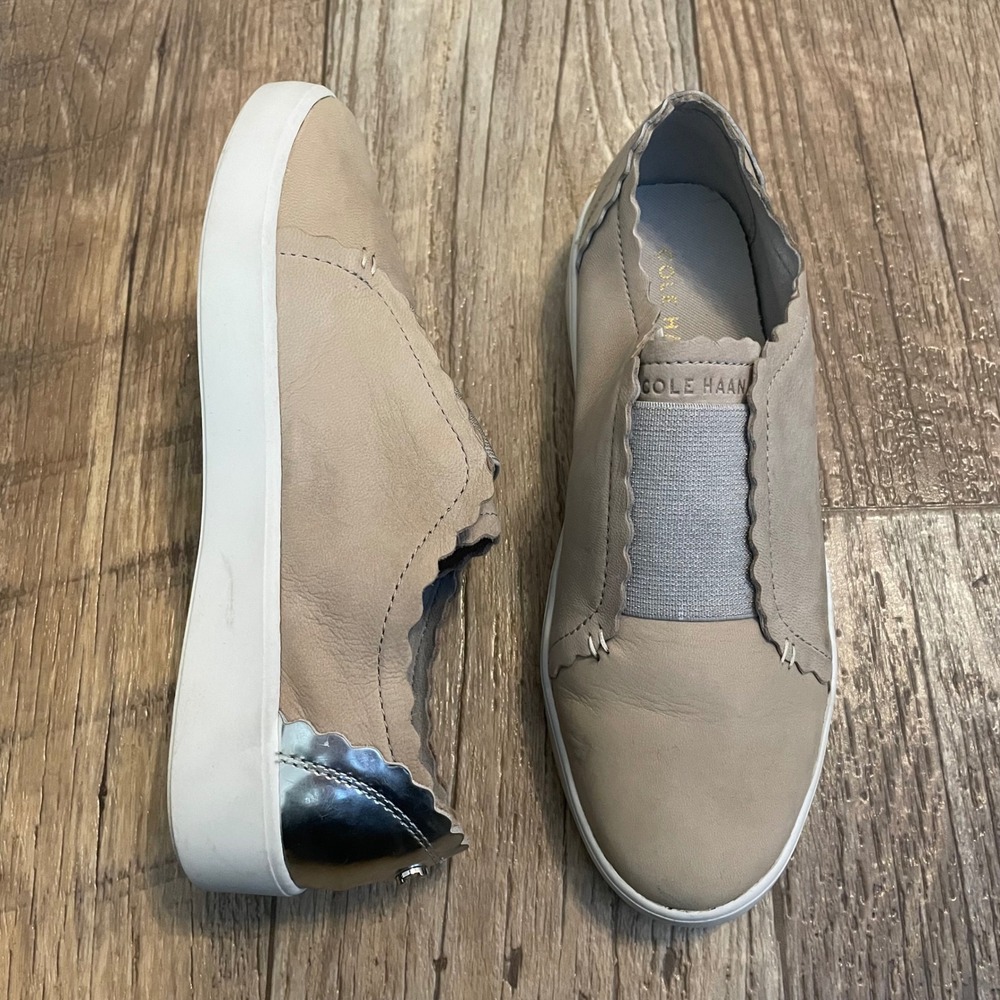 Cole Haan Grand Crosscourt Scalloped Slip On Sneakers Beige Silver W17783 6B‎